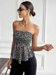 Top bandeau con volantes y estampado de leopardo, top sin tirantes, top de estilo vacacional sexy y elegante para mujer - Gris - Ver 3