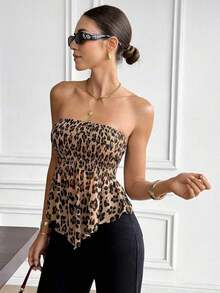Top bandeau con volantes y estampado de leopardo, top sin tirantes, top de estilo vacacional sexy y elegante para mujer - Multicolor - Ver 3