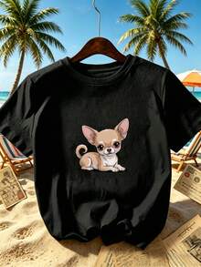 Women's T-Shirt With Vintage Mexican Chihuahua Animal Theme Art Design, Black Short-Sleeved Urban Style T-Shirt For Women, Modern And Casual Outfit For Summer Beach Vacation, Classic Cut, Soft And Comfortable, Loose Fit, Suitable For Daily Outdoor Excursions, Fashionable Top For Women. - 黑色 - 查看 3