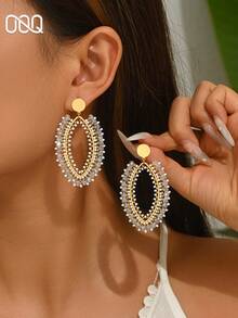 OOQ 1 Pair Minimalist Hollow Oval Pearl Beaded Handmade Earrings, Fashionable Fresh Elegant Earrings For Women, Suitable For Daily Wear, Any Festival, Gathering, Party (Handmade Pearl Color, Quantity And Position Are Random) - White - View 1