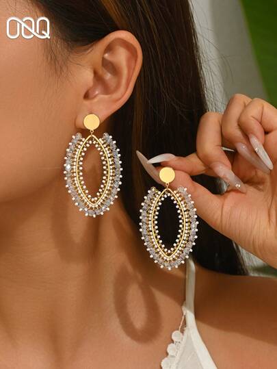 OOQ 1 Pair Minimalist Hollow Oval Pearl Beaded Handmade Earrings, Fashionable Fresh Elegant Earrings For Women, Suitable For Daily Wear, Any Festival, Gathering, Party (Handmade Pearl Color, Quantity And Position Are Random)