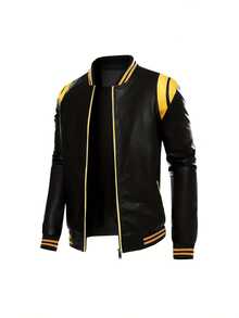 Men's Urban Style Jacket In Faux Leather, Long Sleeve With Zip Closure, Regular Fit, Casual Color Block Design, Pockets, Polyester Lining And Baseball Collar. - Black - View 5