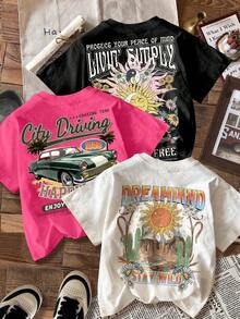 Conjunto casual de 3 piezas para vacaciones, que incluye una blusa holgada de manga corta para mujer con un estampado de paisaje en la espalda. - Blanco - Ver 6