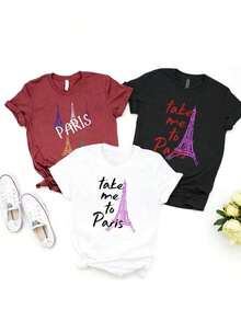 New 2026 Model, Women's Casual Short-Sleeved T-Shirt, Paris Eiffel Tower Design, Eiffel Tower Print T-Shirt "Take Me To Paris", Women's Short-Sleeved Round Neck T-Shirt, Breathable Pure Cotton Casual Sports Top, Holiday Gift, Spring Butterfly. - 白色 - 查看 6
