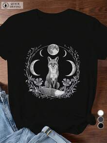 Limited Time Offer, Limited Quantities, Flash ! Women's Casual Shirt, Elegant, Women's Short-Sleeved Sports T-Shirt, Fox Print, Starry Sky Trim. - 黑色 - 查看 3