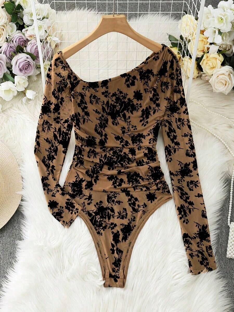 Body de manga larga con hombros transparentes y estampado de leopardo para mujer - Caqui - Ver 1