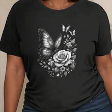 Short-Sleeve Printed T-Shirt "Butterfly And Rose", Made Of Soft And Breathable Polyester Fiber With Moderate Elasticity, Machine Washable, Ideal For Daily And Home Use, Women's Clothing, Casual Short-Sleeve T-Shirt, Versatile For Everyday Wear - 黑色 - 查看 1