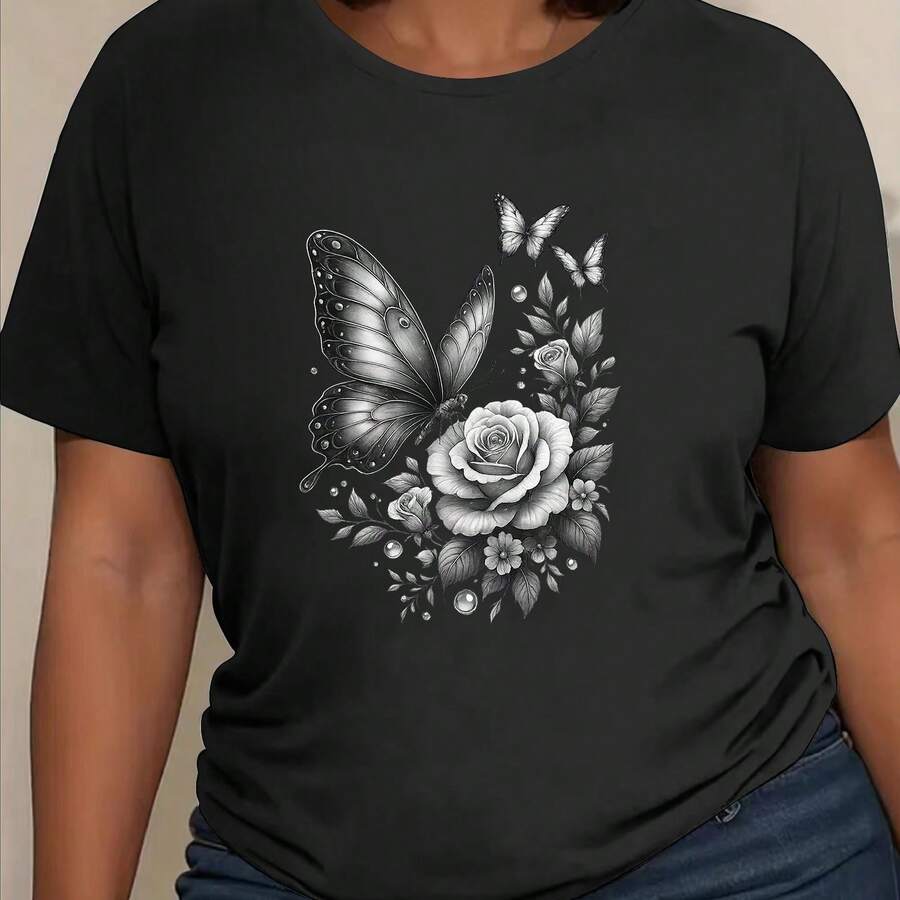 Short-Sleeve Printed T-Shirt "Butterfly And Rose", Made Of Soft And Breathable Polyester Fiber With Moderate Elasticity, Machine Washable, Ideal For Daily And Home Use, Women's Clothing, Casual Short-Sleeve T-Shirt, Versatile For Everyday Wear - 黑色 - 查看 1