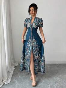 Elenzya Vestido elegante de línea A con estampado digital de retazos, cuello en V profundo y cintura ceñida, color albaricoque, adecuado para cenas formales, citas y bodas de mujeres (con flor en posición) - Multicolor - Ver 12