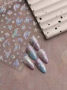 1张5D立体浮雕全息美人鱼尾巴美甲贴纸，极光幻彩贝壳和星空美甲贴花，梦幻海洋设计，DIY美甲装饰，适合春夏、音乐节、婚礼、度假派对等场合 - 彩色 - 查看 4