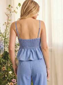 Conjunto de verano para mujer con top casual de tela de mezclilla suave, con tirantes de espagueti, bajo con volantes, ajustado al busto y silueta fluida - Azul lavado medio - Ver 2