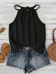 Camiseta de tirantes con cuello halter con estampado floral pequeño, adecuada para primavera y verano - Negro 2 - Ver 4