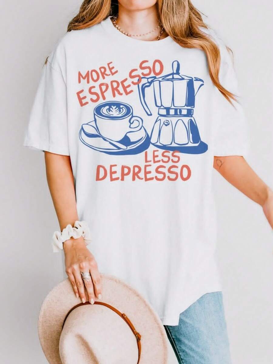 Espresso Shirt, Coffee Shirt, More Espresso Less Depresses, Funny Coffee T-Shirt. Women's Fashionable Casual T-Shirt With Creative Print, Short Sleeve, Round Neck, For Spring And Summer. Festive Celebration Shirt, Party Wear Top - 白色 - 查看 1