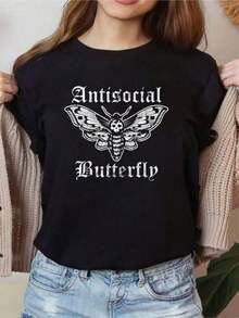 1 Piece Of Funny Antisocial And Introverted Butterfly Print T-Shirt, 100% Pure Cotton, For Women, Comfortable And Cozy Styles For Summer, Suitable For Women's Casual Daily Wear, 180g 100% Cotton. - 黑色 - 查看 7