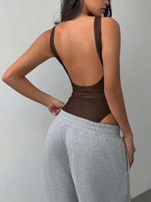 Body sin espalda de punto de unicolor casual para mujer - Marrón 2 - Ver 6