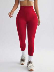 sin costuras de cintura alta de unicolor para uso diario, fitness y yoga para mujeres - Rojo - Ver 4
