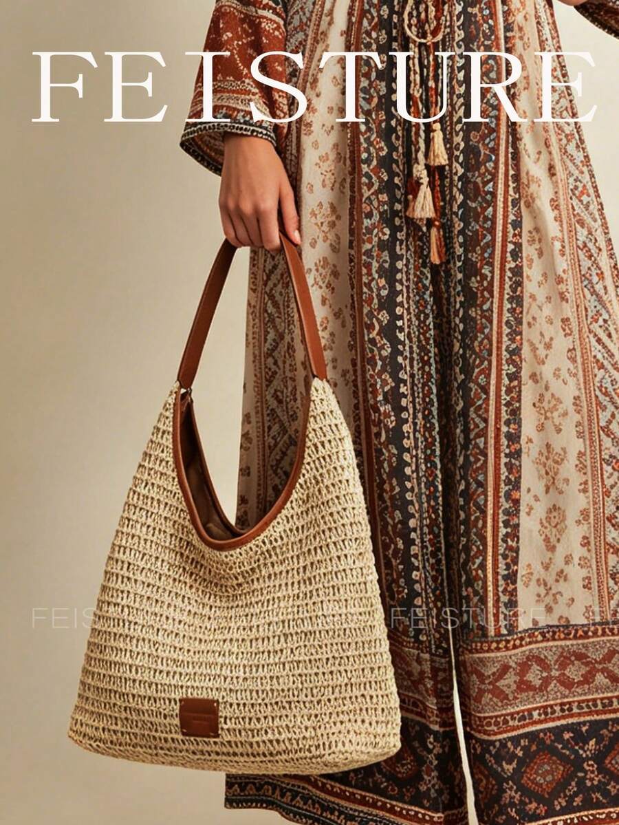 Large Capacity Beach Vacation Travel Shoulder Bag, Women's Straw Woven Beach Bag