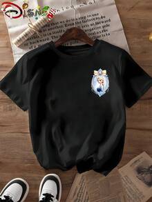 Disney Snow Princess Elsa Printed Vivid Cartoon Design Women's Casual Fashion Joker Daily Wear Convenient Pure Fabric Classic T-Shirt With Short Sleeves In Spring And Summer, Unisex, Holiday Gifts. - màu đen - Xem 2
