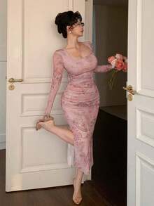 Vestido con estampado floral de primavera y verano, vestido elegante de manga larga transparente con dobladillo de sirena ajustado para festival de música, boda, fiesta, vestido de paseo - Rosa - Ver 7
