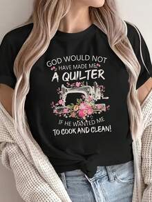 Women's Casual Round Neck T-Shirt With "God Wouldn't Have Made Me A Knitter" Graphic Print, Short Sleeve Summer Top With Floral And Sewing Machine Design, Lightweight Polyester Blend For Casual Wear, Casual Summer Wear | Sewing Theme T-Shirt | Shiny Fabric Finish - 黑色 - 查看 1