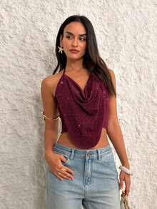 Top de cuello halter para fiesta sin espalda con fornteras drapeadas y diseño sólido - Burdeos - Ver 7