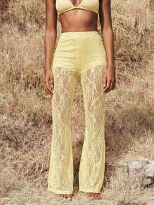 Pantalones elegantes de cintura alta con volantes de encaje para mujer, para citas, salidas nocturnas, para otoño e invierno - Amarillo claro - Ver 8