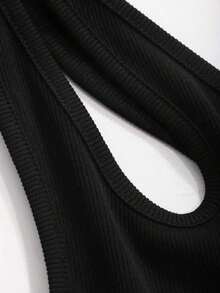 Top de un hombro con diseño hueco y ajuste ceñido para mujer, tops cortos para salir de mujer - Negro - Ver 7