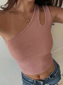 Top de un hombro con diseño hueco y ajuste ceñido para mujer, tops cortos para salir de mujer - Rosa - Ver 5