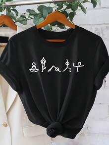 Women's Yoga Graphic T-Shirt - Cartoon Crescent Moon And Sun Design, Casual Crew Neck, Short Sleeve, Medium Stretch, All Season Comfort, Perfect For Vacation Or Casual Wear, Yoga T. - 黑色 - 查看 1