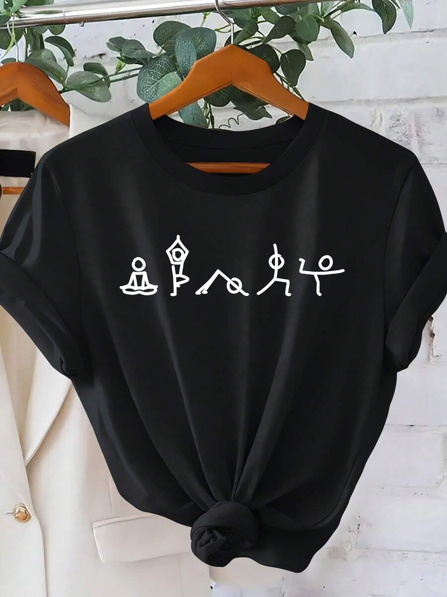 Women's Yoga Graphic T-Shirt - Cartoon Crescent Moon And Sun Design, Casual Crew Neck, Short Sleeve, Medium Stretch, All Season Comfort, Perfect For Vacation Or Casual Wear, Yoga T. - 黑色 - 查看 1
