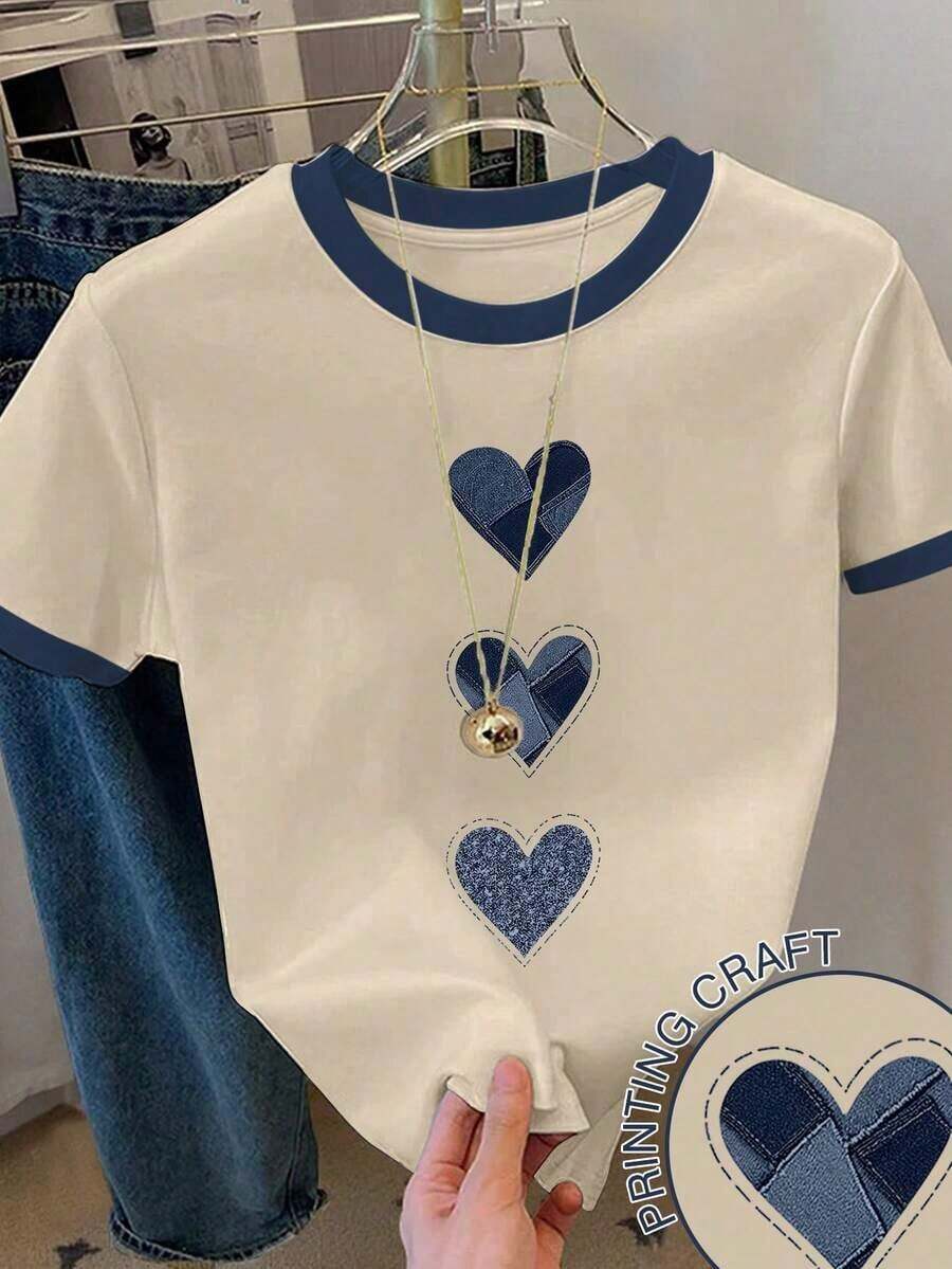 Camiseta casual de mujer de manga corta con cuello redondo y estampado de corazón en bloques de color - Caqui - Ver 1