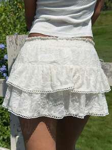 Falda  para mujer, de tela tejida a rayas con cintura elástica y dobladillo con volantes, adecuada para festivales de música country - Blanco 3 - Ver 7
