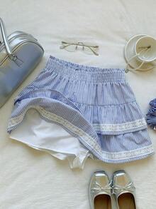 Falda pantalón para mujeres para conciertos campestres, blanca, de tejido, con cintura elástica y volantes en el bajo con silueta evasé - Celeste 2 - Ver 7