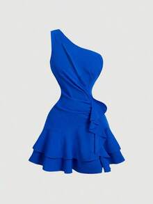 Vestido romántico y soñador en azul, con dobladillo asimétrico y ribete de volantes, apropiado para citas, fiestas, vacaciones, meriendas y ocasiones de cumpleaños - Azul - Ver 5