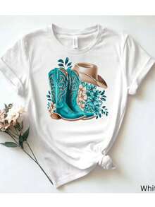 1 camiseta blanca de algodón puro para mujer: botas y sombrero estilo western, diseño floral, 180g 100% algodón. - blanco - Ver 6