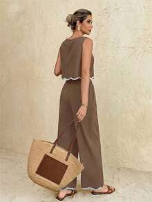 Conjunto de 2 piezas de top de tirantes y pantalones de moda casual de vacaciones para mujer - Caqui - Ver 2