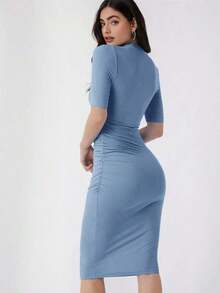 Vestido ajustado unicolor de cuello alto - Niebla azul - Ver 6