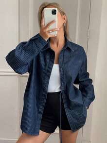Blusa vaquera de manga larga con botones frontales y nudo delantero para mujer - Azul lavado oscuro - Ver 2
