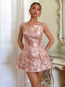 Vestido de mujer sin tirantes con decoración jacquard y floral 3D, vestido de té de lujo para banquetes y fiestas, vestido de princesa francés elegante con espalda descubierta y recortes, sexy y elegante para verano - Rosa - Ver 5