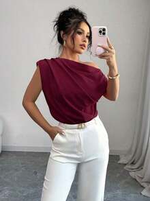 Blusa de unicolor con cuello asimétrico y plisado a la moda para mujeres - Burdeos - Ver 8