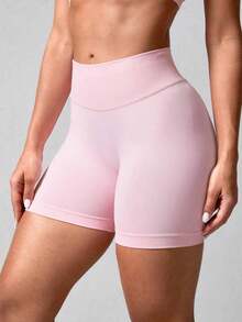 2 piezas Pantalones cortos de mujer de cintura alta, unicolor, elásticos y sin costuras, para yoga, fitness, deportes al aire libre y verano - Multicolor 3 - Ver 6