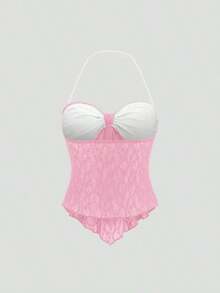 Top corto de verano para mujer con cuello halter y nudo delantero en unicolor, estilo Y2K - Rosa 2 - Ver 2
