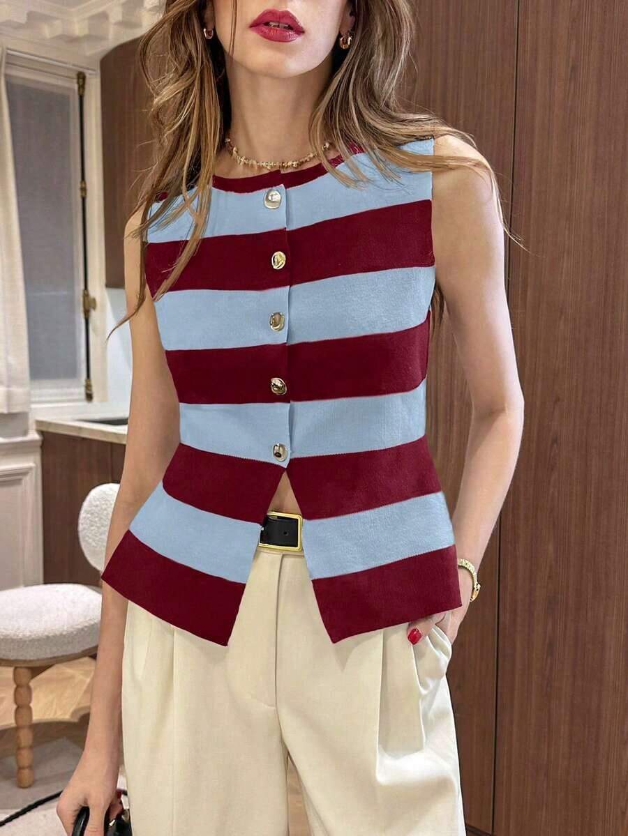 Top ajustado de punto con abertura y botón metálico asimétrico en el bajo, cuello redondo, de estilo francés minimalista y de moda, a rayas en blanco y negro, versátil, de tejido liso, para uso diario, viajes y vacaciones, apto para primavera/ver - Multicolor 3 - Ver 1