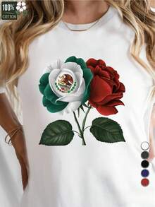 Pure Women's T-Shirt With Rose Illustration, Casual Short Sleeve Crew Neck T-Shirt, 100% Cotton, All Season Casual Wear, Mexican Style, Personalized, Made Of Slightly Stretchy Knit Fabric, Suitable For Weekend Casual Wear And Machine Washable, Practical Choice For Everyday Use - Pure Women's T-Shirt 180G - 白色的 - 查看 1