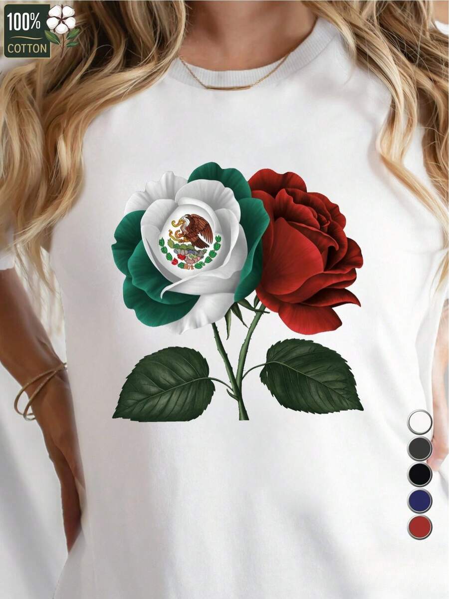 Pure Women's T-Shirt With Rose Illustration, Casual Short Sleeve Crew Neck T-Shirt, 100% Cotton, All Season Casual Wear, Mexican Style, Personalized, Made Of Slightly Stretchy Knit Fabric, Suitable For Weekend Casual Wear And Machine Washable, Practical Choice For Everyday Use - Pure Women's T-Shirt 180G - 白色的 - 查看 1