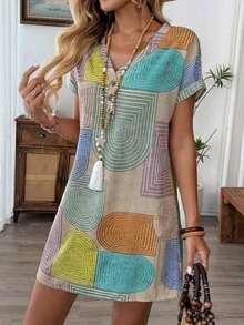 Vestido ajustado de longitud hasta la rodilla, de cuello en V, con botones y manga de una pieza, con estampado geométrico de bloques de color, elegante para el verano - Multicolor - Ver 11