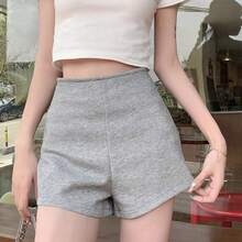 Pantalones cortos de cintura alta a la moda para mujer, nuevos pantalones cortos ajustados elásticos de Color sólido, ropa de calle informal imprescindible - Gris - Ver 3