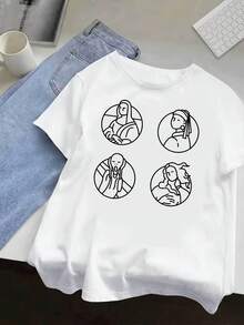 Women's Casual Short Sleeve T-Shirt With Cartoon Line Art And Four Large Paintings, Round Neck, Relaxed Fit, Breathable Fabric, Machine Washable, Multicolor Options S-XXL For Spring/Summer, Ladies' T-Shirts, Summer Clothes, Medium Elasticity - 白色 - 查看 6