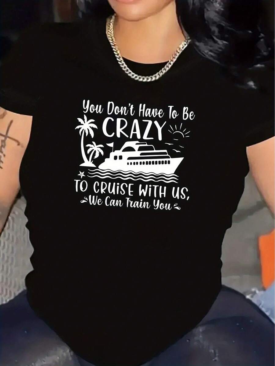 Camiseta casual de manga corta con cuello redondo para mujer, con estampado de barco de crucero y palmera, top deportivo a la moda, estilo vacacional. - Negro - Ver 1