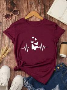 Camiseta suelta de mujer con estampado de mariposa en línea - Burdeos - Ver 1